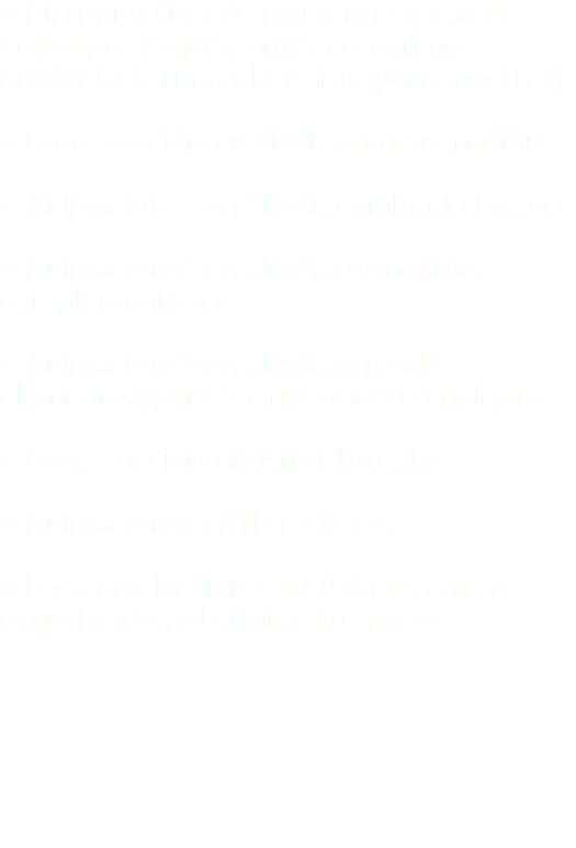 ● Diagramación de elementos para el Logotipo (aquí tendrian un primer producto terminado y listo para mostrar) ● Construcción en Flash para animación ● Animación 1 en Flash, caminado básico ● Animación 2 en Flash, elementos complementarios ● Animación 3 en Flash, uniendo elementos para animaciones complejas ● Construcción en After Effects ● Animación en After Effects ● Post producción en Adobe Premiere, exportando a distintos formatos 